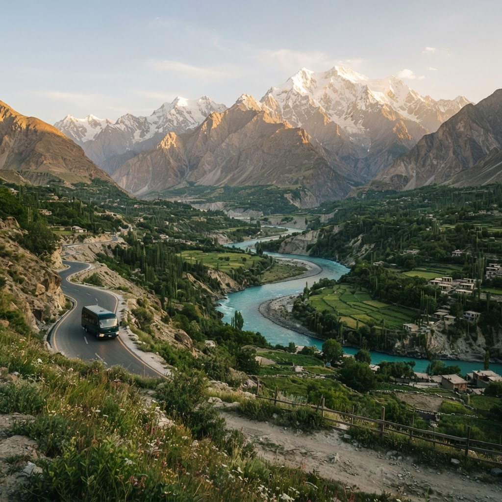 Panoramic view of northern Pakistan's mountains at golden hour
